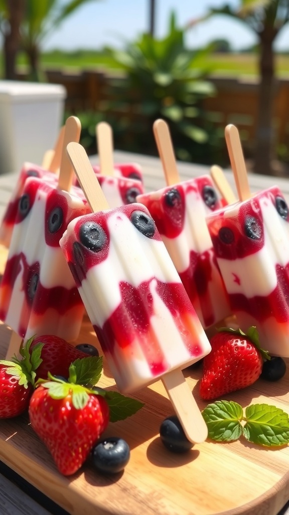 Fruit and Yogurt Popsicles Recipe Colorful fruit and yogurt popsicles on a wooden board with fresh fruits.